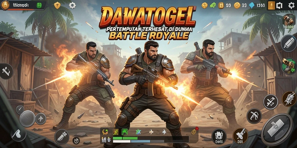 Screenshot gameplay DAWATOGEL menampilkan aksi seru dalam pertempuran Battle Royale.