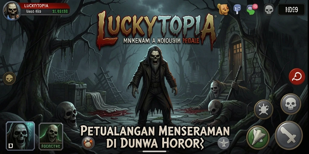 Tangkapan layar gameplay <strong>LUCKYTOPIA</strong> dengan suasana horor yang mencekam.