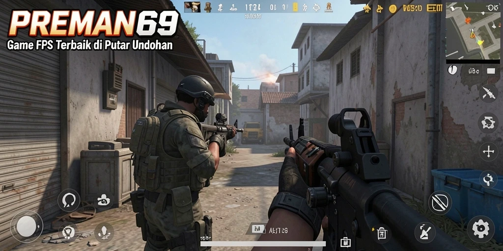 Tangkapan layar utama PREMAN69 menampilkan aksi gameplay FPS yang mendebarkan.